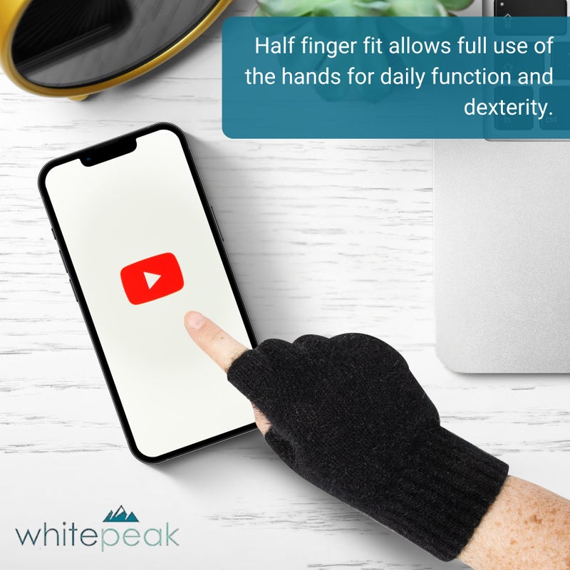 WhitePeak قفازات بدون أصابع من صوف الميرينو الأصلي وداون الوموس للرجال والنساء | يونيسكس (أسود كبير) - Image 5